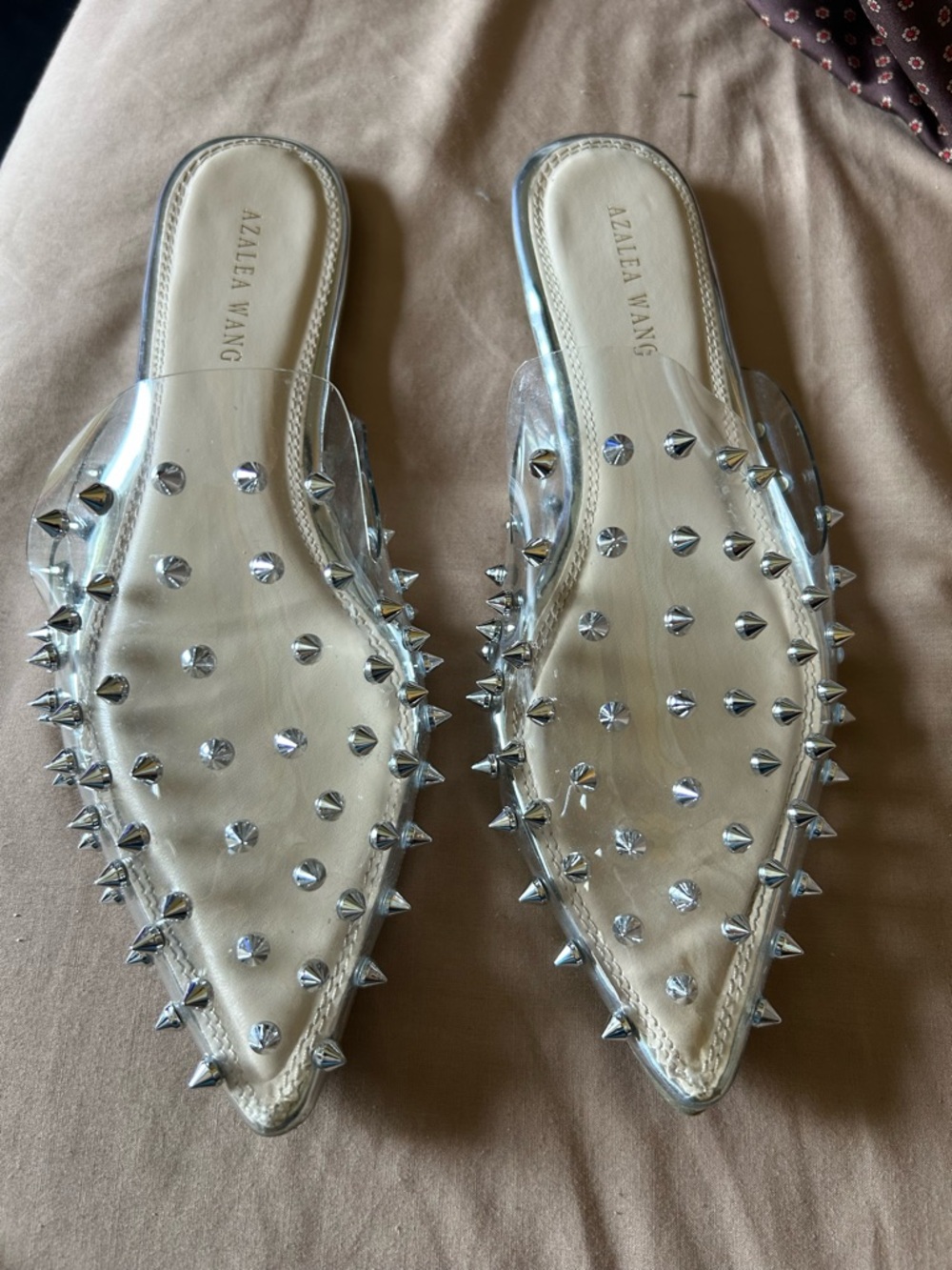 Clear Spike-Embellished Pointed Mule in Clear with silver spikes Size 8.